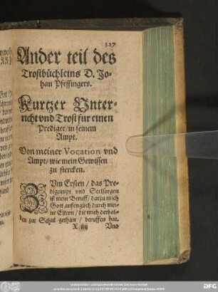 Kurtzer Unterricht und Trost fur einen Prediger/ in seinem Ampt.