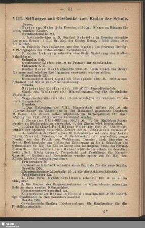 VIII. Stiftungen und Geschenke zum Besten der Schule