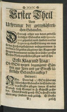 Erster Theil. Vom Ursprunge der gotteslästerlichen Gedancken