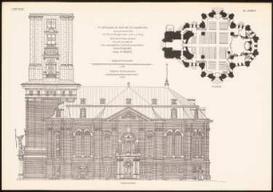 St. Michaelis-Kirche, Hamburg: Seitenansicht, Grundriss (aus: Baukunst d. Barock u. Klassizismus in Deutschland, hrsg. v. Zeichenaussch. d. Stud. d. TH Berlin, 1875)