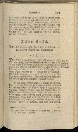 Dritter Artikel. Von der Größe und Lage der Schanzen, irregulairen Schanzen, Oefnungen.