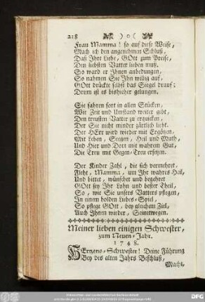 Meiner lieben einigen Schwester, zum Neuen-Jahr. 1748.