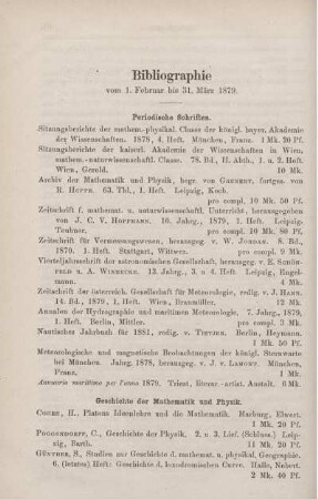 Bibliographie vom 1. Februar bis 31. März 1879.