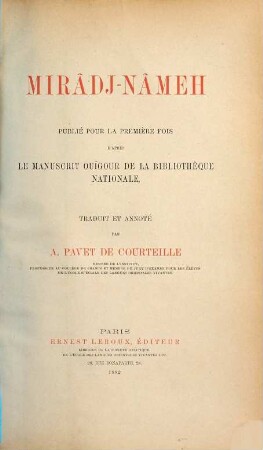 Mirâdj-nâmeh : publié pour la première fois d'après le manuscrit ouïgour de la Bibliothèque Nationale