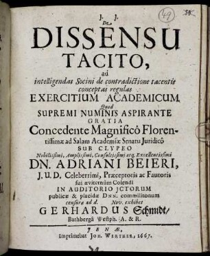 De Dissensu Tacito : ad intelligendas Socini de contradictione tacentis conceptas regulas Exercitium Academicum