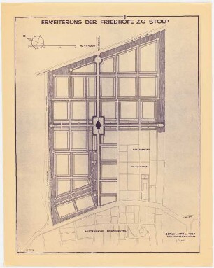 Erweiterung der Friedhöfe, Stolp: (Lichtpause von Inv.-Nr. 41160): Grundriss der geplanten Erweiterung mit angrenzenden Teilen des bestehenden Friedhofs 1:1000, Maßstabsleiste
