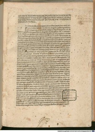 Enarrationes Satirarum Iuvenalis : mit Widmungsvorrede des Autors an Federico da Montefeltro und Vita Iuvenalis