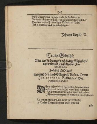 TrawrGedicht: Uber das frühzeitige/ doch seelige Absterben deß Edlen und Tugendhafften Jungen Gesellens Johann Andreas ...