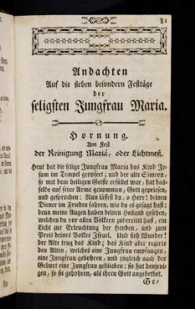 81-115, Andachten Auf die sieben besonderen Festtäge der seligsten Jungfrau Maria.