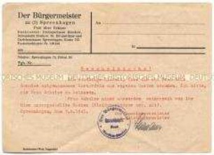 Bescheinigung über die Mitnahme von Kartoffeln aus dem eigenen Garten auf der Rückreise an den Wohnort nach Berlin