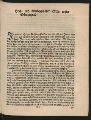 Hoch- und werthgeschätzte Eltern unsrer Schuljugend!