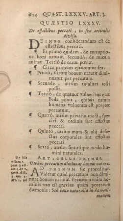 Quaestio LXXXV. De effectibus peccati, in sex articulos divisa.