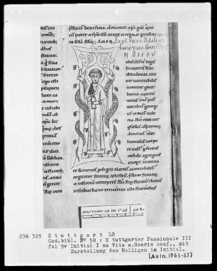 Stuttgarter Passionale — Ergänzungsband — Initiale I (n diebus illis Childiberti regis francorum), darin der heilige Goar, Folio 9verso