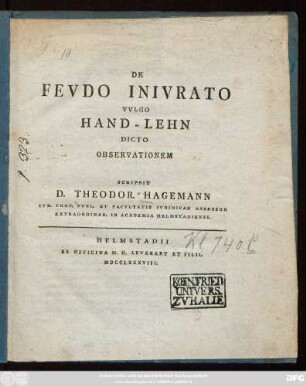 De Fevdo Inivrato Vvlgo Hand-Lehn Dicto Observationem