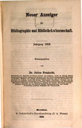 Neuer Anzeiger für Bibliographie und Bibliothekwissenschaft. 1856, 1856