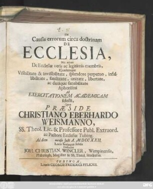 De Causis errorum circa doctrinam De Ecclesia, Nec minus De Ecclesiæ veris ac legitimis membris, Ejusdemque Visibilitate & invisibilitate, splendore perpetuo, infallibilitate, sanctitate, unitate, libertate, ac denique fanabilitate Aphorismi Ad Exercitationem Academicam selecti