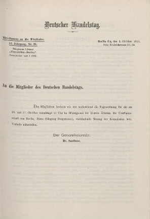 51. Jahrg. Nr. 20., ... den 9. Oktober 1911