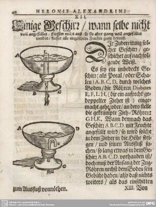 XII. Einige Geschirr/ wann selbe nicht voll angefüllet/ fliesen nicht auß/ so sie aber gantz voll angefüllet werden/ fliesset alle eingeschitte Feuchte gantz herauß.