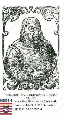 Wilhelm IV. Landgraf v. Hessen-Kassel, gen. der Weise (1532-1592) / Porträt, in Rahmen, Halbfigur, mit Bildlegende