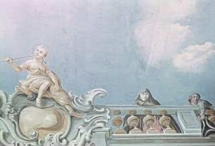 Kartusche mit Fama, Balustrade mit Staffagefiguren