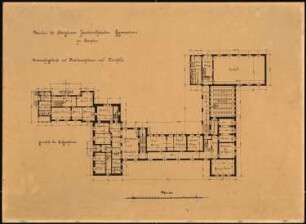 Joachimsthalsches Gymnasium, Templin: Grundriss EG des Unterrichtsgebäudes mi Direktorwohnhaus und Turnhalle