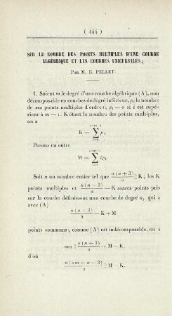 Sur le nombre des points multiplies d'une courbe algébrique et les courbes unicursales.
