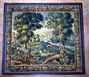 Wandteppich mit Landschaftdarstellung.
