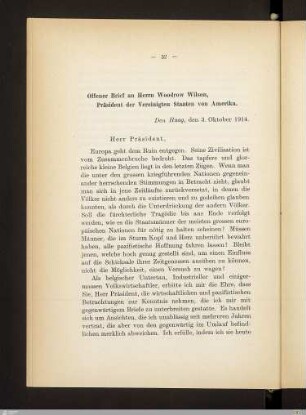 Offener Brief an Herrn Woodrow Wilson ...