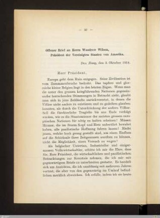 Offener Brief an Herrn Woodrow Wilson ...