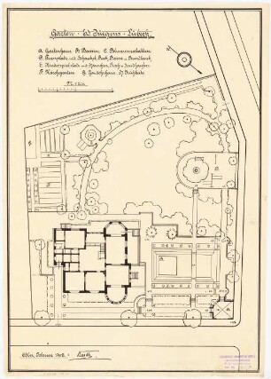 Garten Jürgens, Lübeck: Grundriss des Gartens mit Grundriss des Wohnhauses 1:200, Bezeichnung einzelner Teile des Gartens mit Legende, Maßstabsleiste