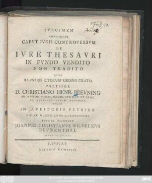 Specimen Continens Capvt Ivris Controversvm De Ivre Thesavri In Fvndo Vendito Non Tradito
