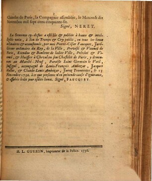 Sentence Du Chastelet De Paris : Du Mercredi dix Novembre mil sept cens cinquante-six