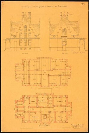 Herrschaftliches Wohnhaus, Chwalkowo 3. Entwurf: Grundriss Keller, 1. Obergeschoss, Aufriss Westseite, Ostseite, Maßstabsleiste