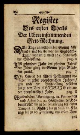 Register Des ersten Theils Der Ubereinstimmenden Zeit-Rechnung.