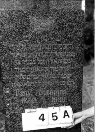 Grabstein 45 (Index: 100110147) Material: Granit Zustand: leicht verwittert Maße HxBxT: 156x55x19 cm Beschreibung: Stele, getreppter Sockel, Abschluß: Sonderform Symbolik: Davidstern: Grabstein 45A