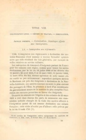 Titre VIII. Colonisation libre. - Régime du travail. - Immigration