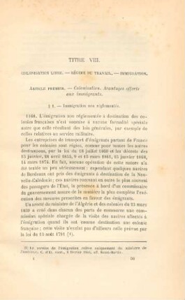 Titre VIII. Colonisation libre. - Régime du travail. - Immigration