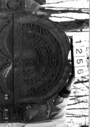 Grabstein 1256 (Index: 99903178) Material: Sandstein Maße HxBxT: 166x102x12 cm Besonderheit: kulturhistorisch wertvoll / künstl.-formale Gründe: Grabstein 1256 (Detailaufnahme 1)