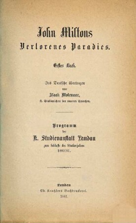 John Miltons Verlorenes Paradies : erstes Buch