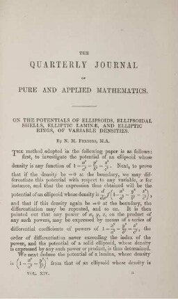 On the potentials of ellipsoids, ellipsoidal shells, elliptic laminae, and elliptic rings, of variable densities.