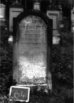 Grabstein 64 (Index: 100100991) Material: Sandstein Zustand: stark verwittert mit Textverlust Maße HxBxT: 122x52x12 cm Beschreibung: Stele, eingezogener Rundbogenabschluß: Grabstein 64