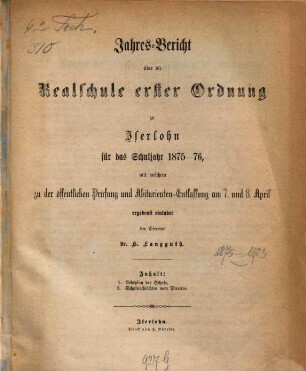 Jahresbericht über die Realschule Erster Ordnung zu Iserlohn : für d. Schuljahr ..., 1875/76