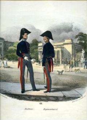 Uniformdarstellung, Auditeur, Regimentsarzt, Preußen 1830. Aus: Elzholz u.a.: Das Preussische Heer. Tafel 68.