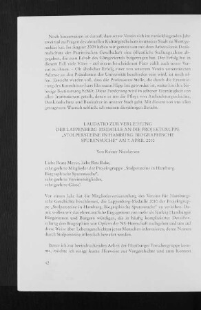 Laudatio zur Verleihung der Lapenberg-Medaille an die Projektgruppe "Stolpersteine in Hamburg. Biographische Spurensuche" am 7. April 2010