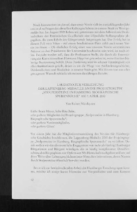 Laudatio zur Verleihung der Lapenberg-Medaille an die Projektgruppe "Stolpersteine in Hamburg. Biographische Spurensuche" am 7. April 2010