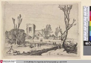 [Winterlandschaft mit Schlittschuhläufern vor einer Kirche; Winterscene: Skaters before a Church and a Village]