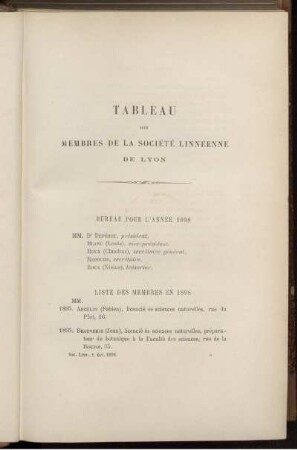 Tableau des Membres De La Societe Linneenne de Lyon