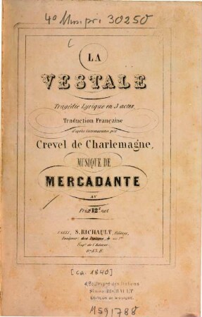 La vestale : tragédie lyrique en 3 actes