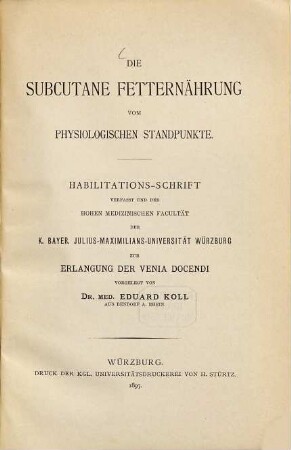Die subcutane Fetternährung vom physiologischen Standpunkte
