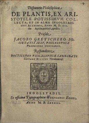 Disputatio philosophica De plantis, ex Aristotele potissimum collecta